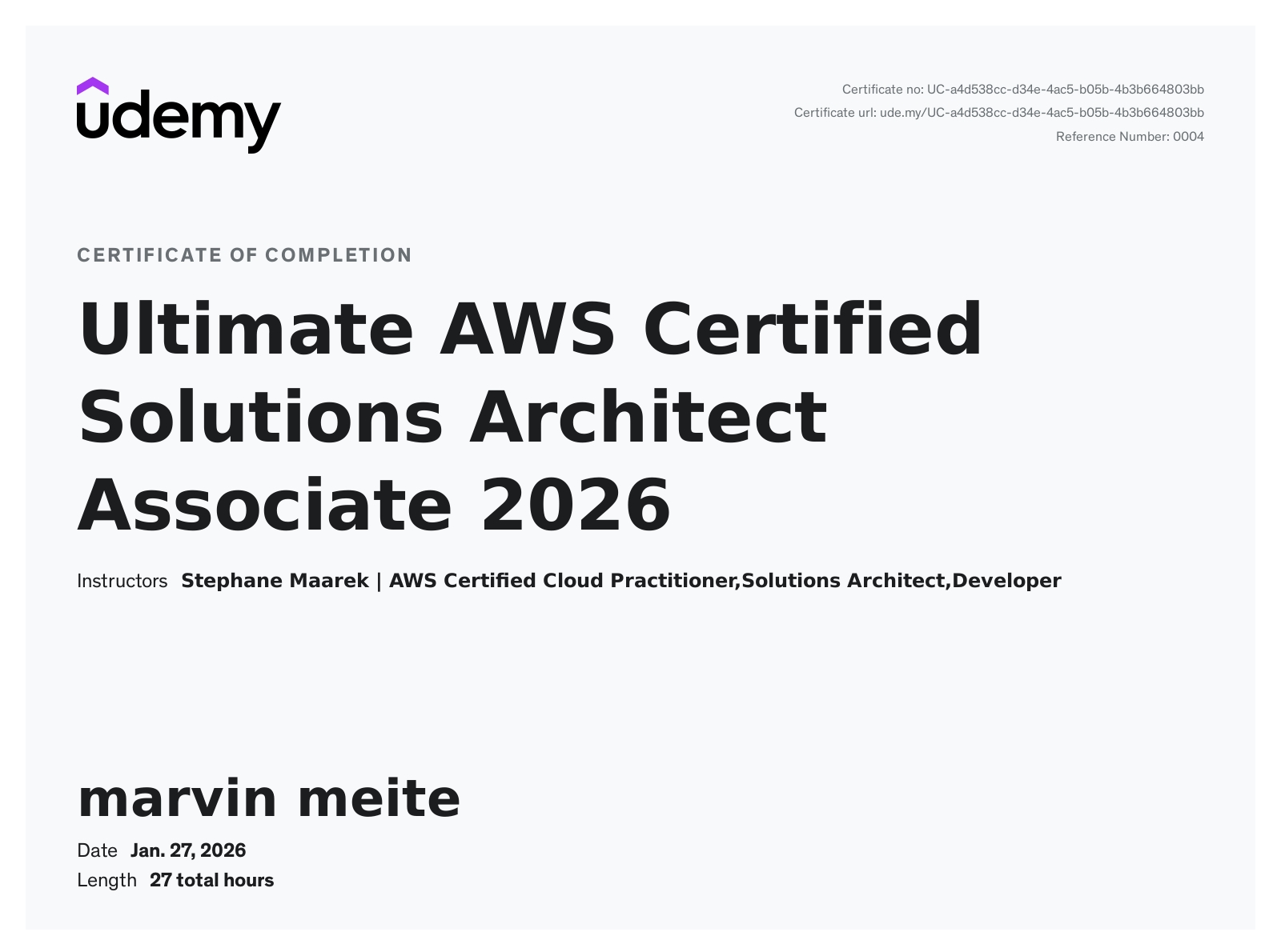 Ultimate AWS Certified Solutions Architect Associate 2026 by Stephane Maarek